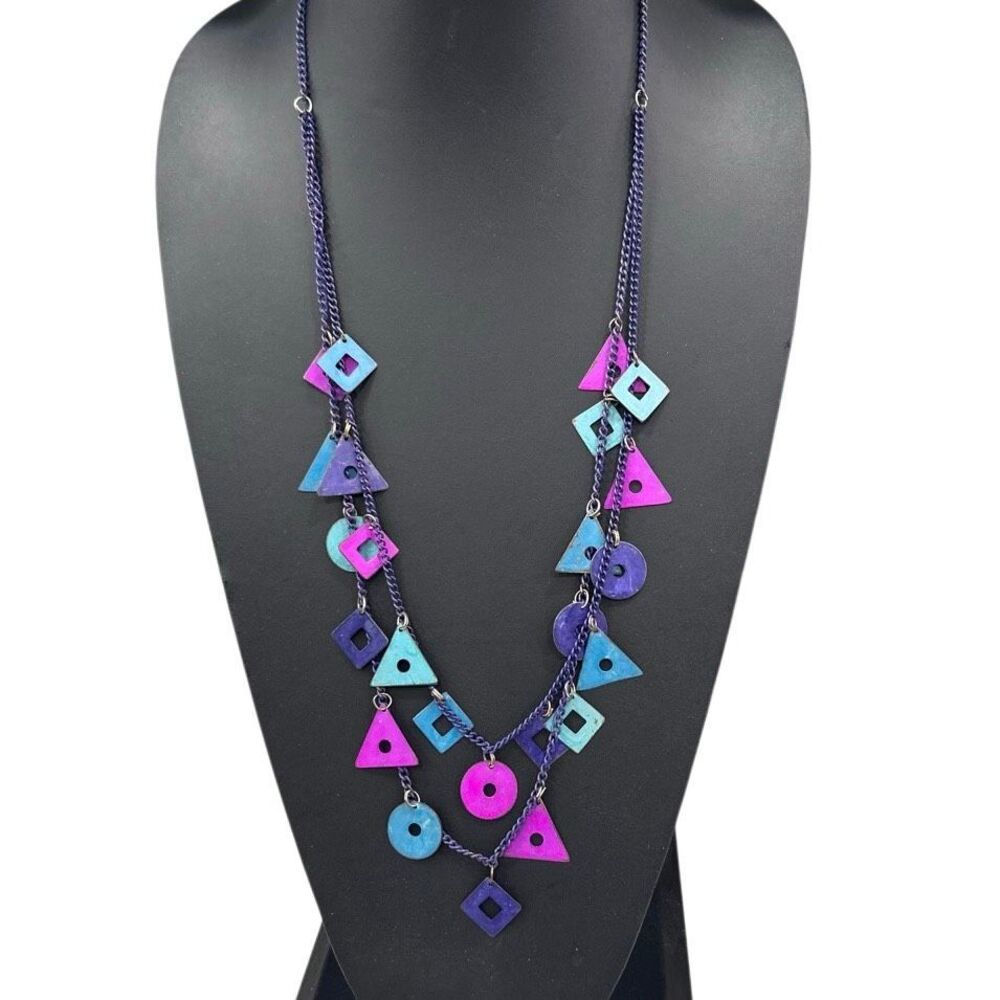 Vtg Carol Graham Statement Long Necklace 28" Multicolor Geometric Shapes Metal